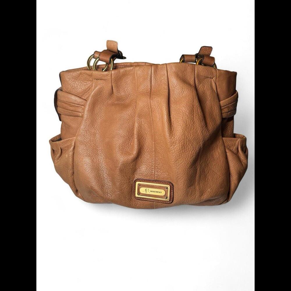 B Makowsky Tan Handbag Leather Hobo Shoulder Bag Leopard Lining